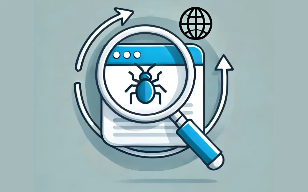 Illustration of a magnifying glass analyzing a web page with a bug icon, representing Google's efforts to combat Parasite SEO and ensure relevant, high-quality content in search results.