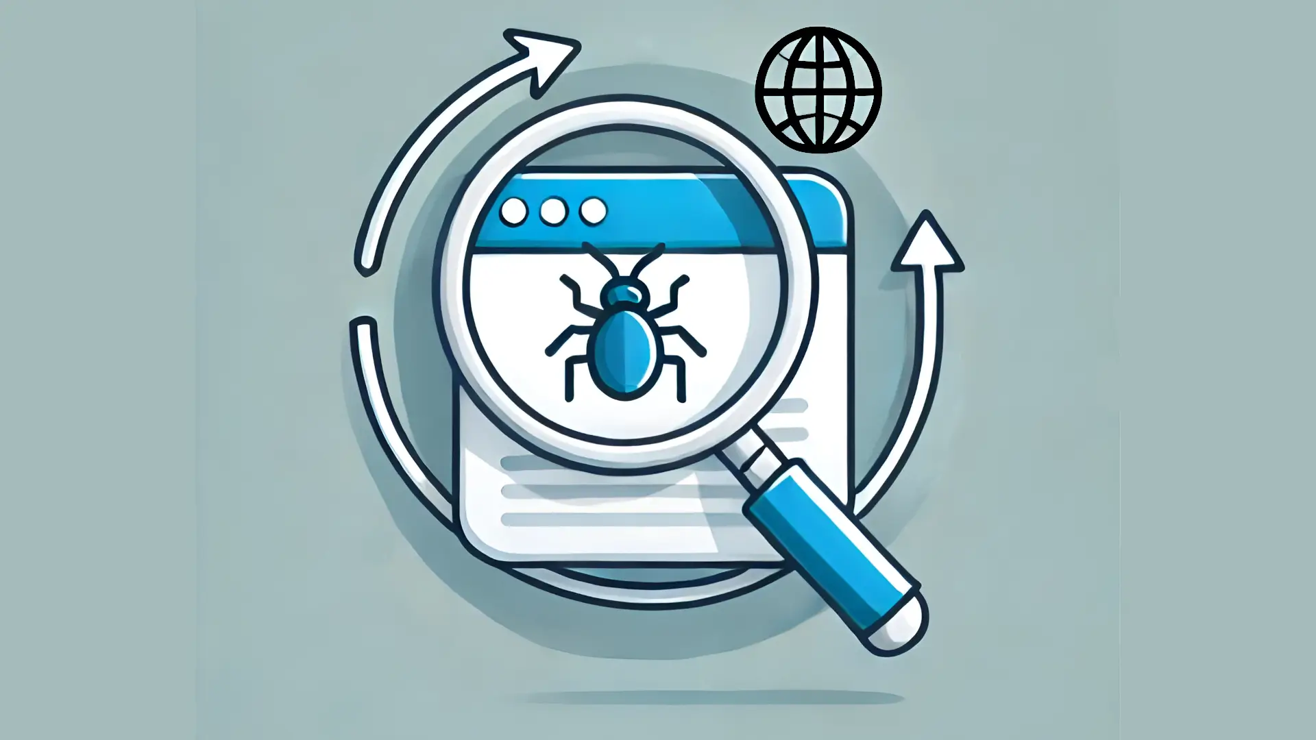 Illustration of a magnifying glass analyzing a web page with a bug icon, representing Google's efforts to combat Parasite SEO and ensure relevant, high-quality content in search results.